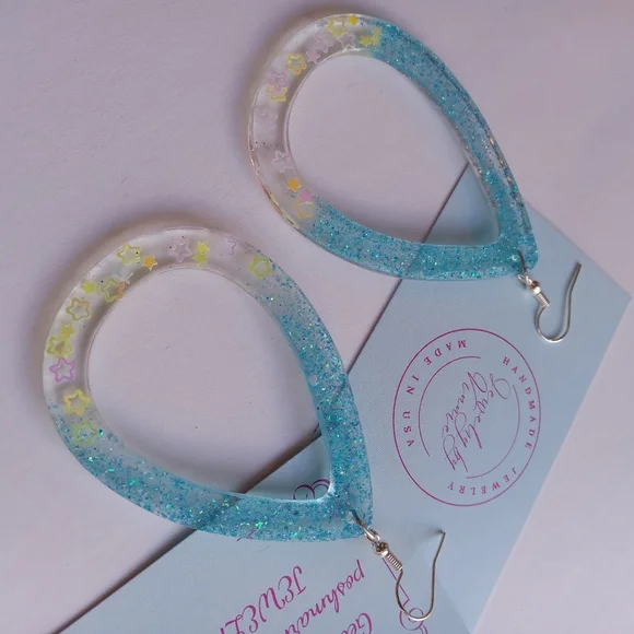 Hand Crafted Blue Glitter Teardrop Earrings - Picture 5 of 7